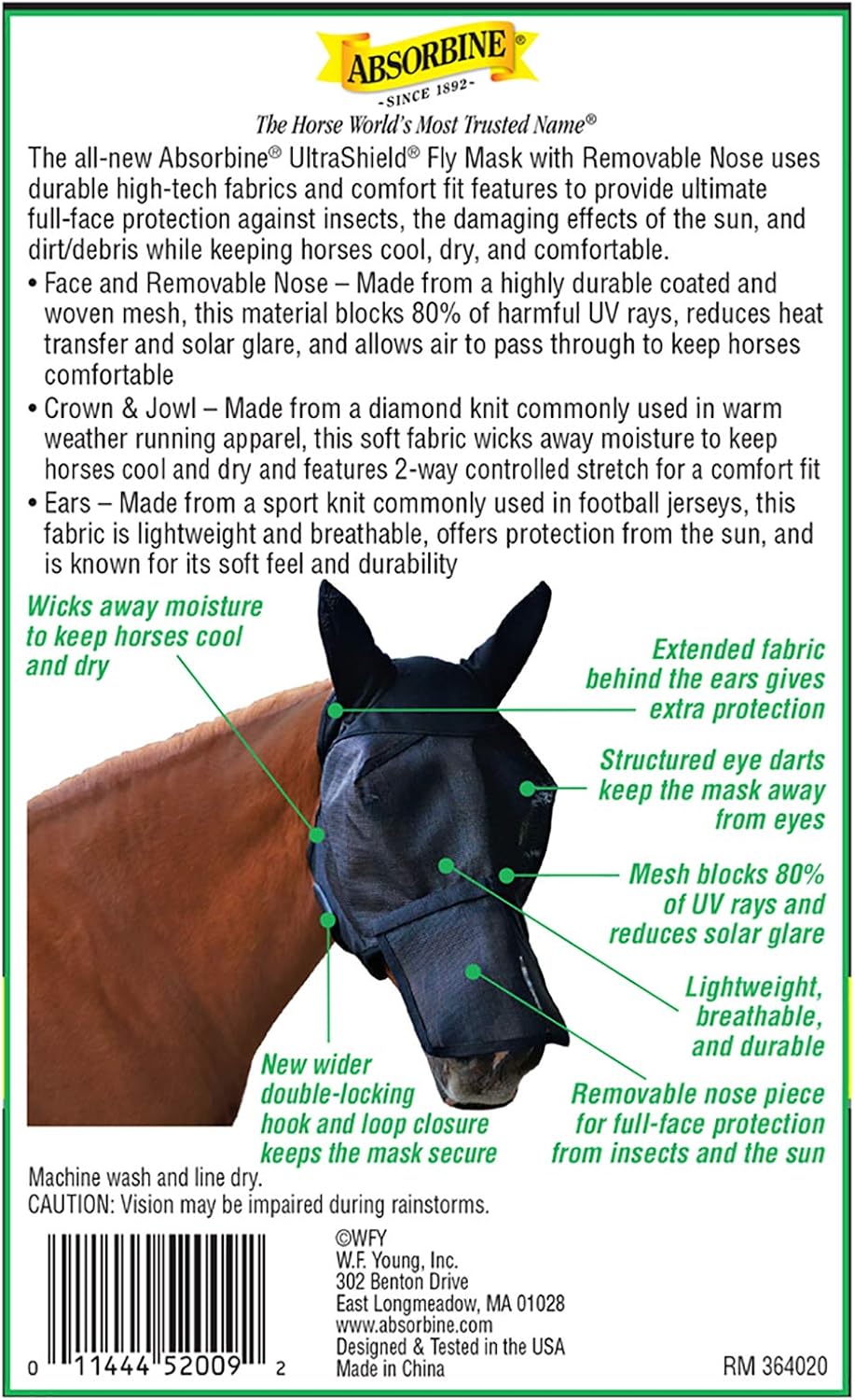 UltraShield Fly Mask, Horse Size with Ears & Removable Nose