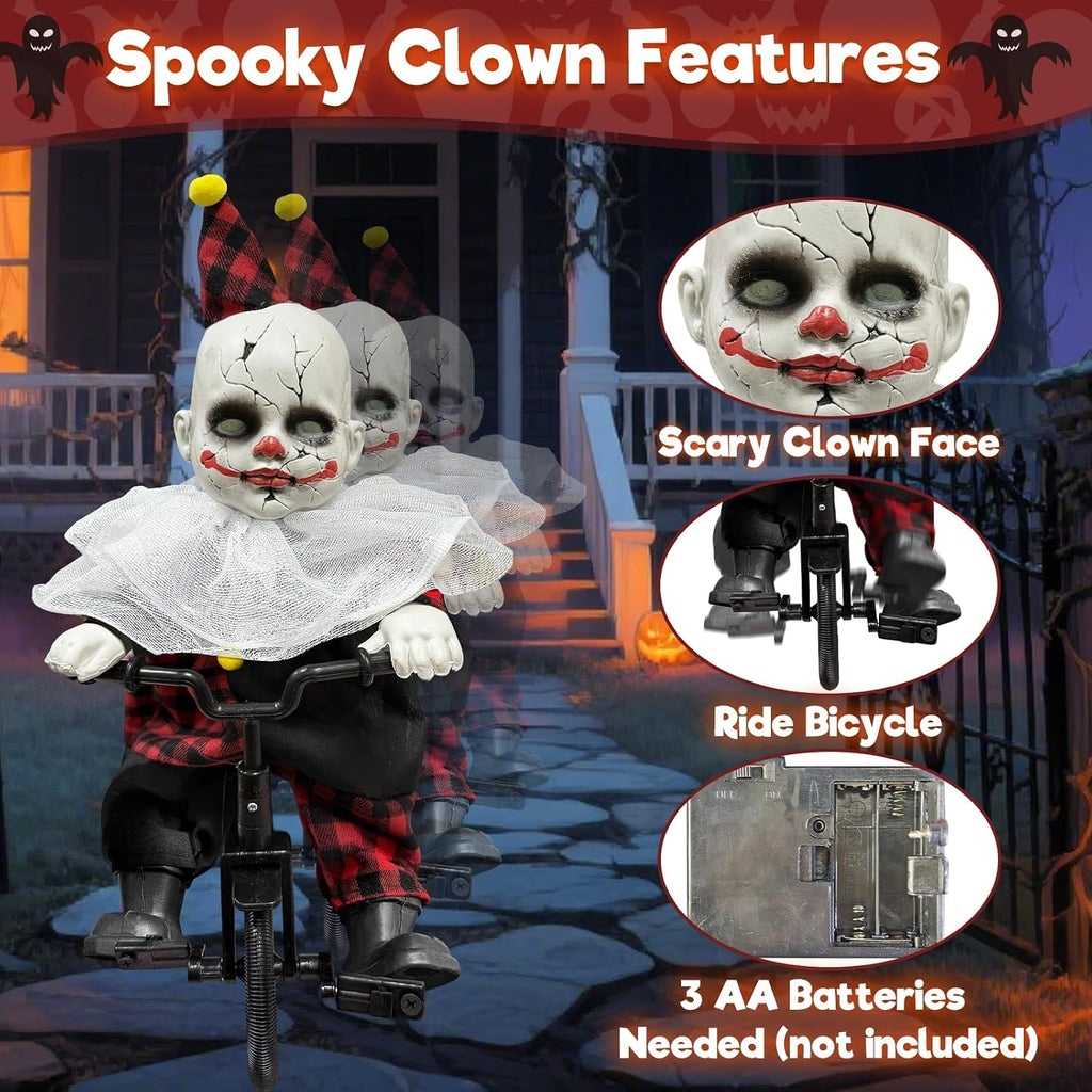 [Moving Back and Forth] Halloween Animatronic 15.5” Clown Ride on Bicycle, Sound Activated Spooky Talking Halloween