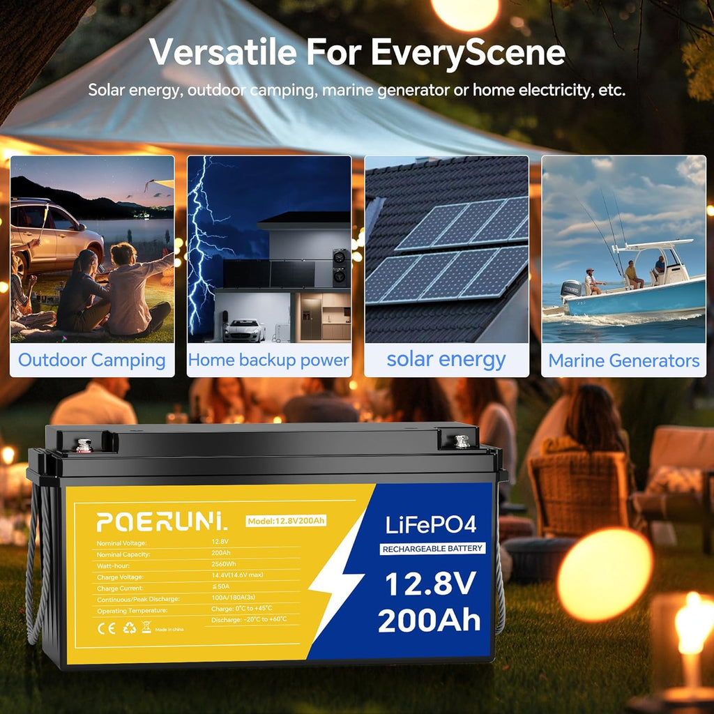 12.8V 200Ah LiFePO4 Battery, Lithium Iron Phosphate Deep Cycle Battery for RV, Solar, Marine, Trolling Motor, 2560Wh