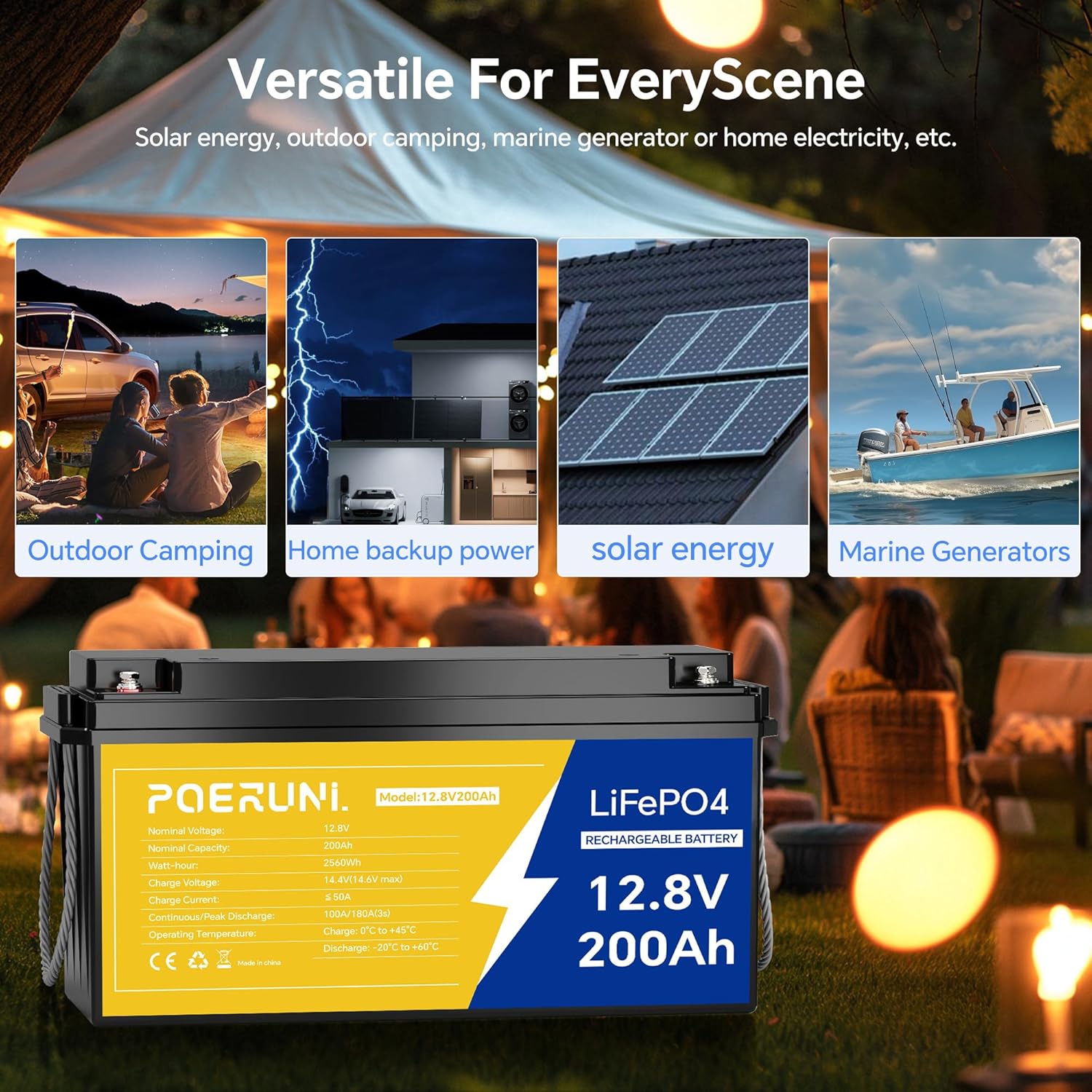 12.8V 200Ah LiFePO4 Battery, Lithium Iron Phosphate Deep Cycle Battery for RV, Solar, Marine, Trolling Motor, 2560Wh