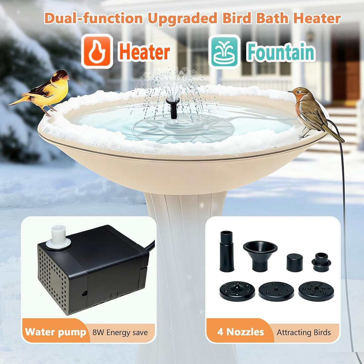 Bird Bath Heater, Utility Birdbath Water Heater Deicer Water Pump with Thermostatically Controlled, De-Icer