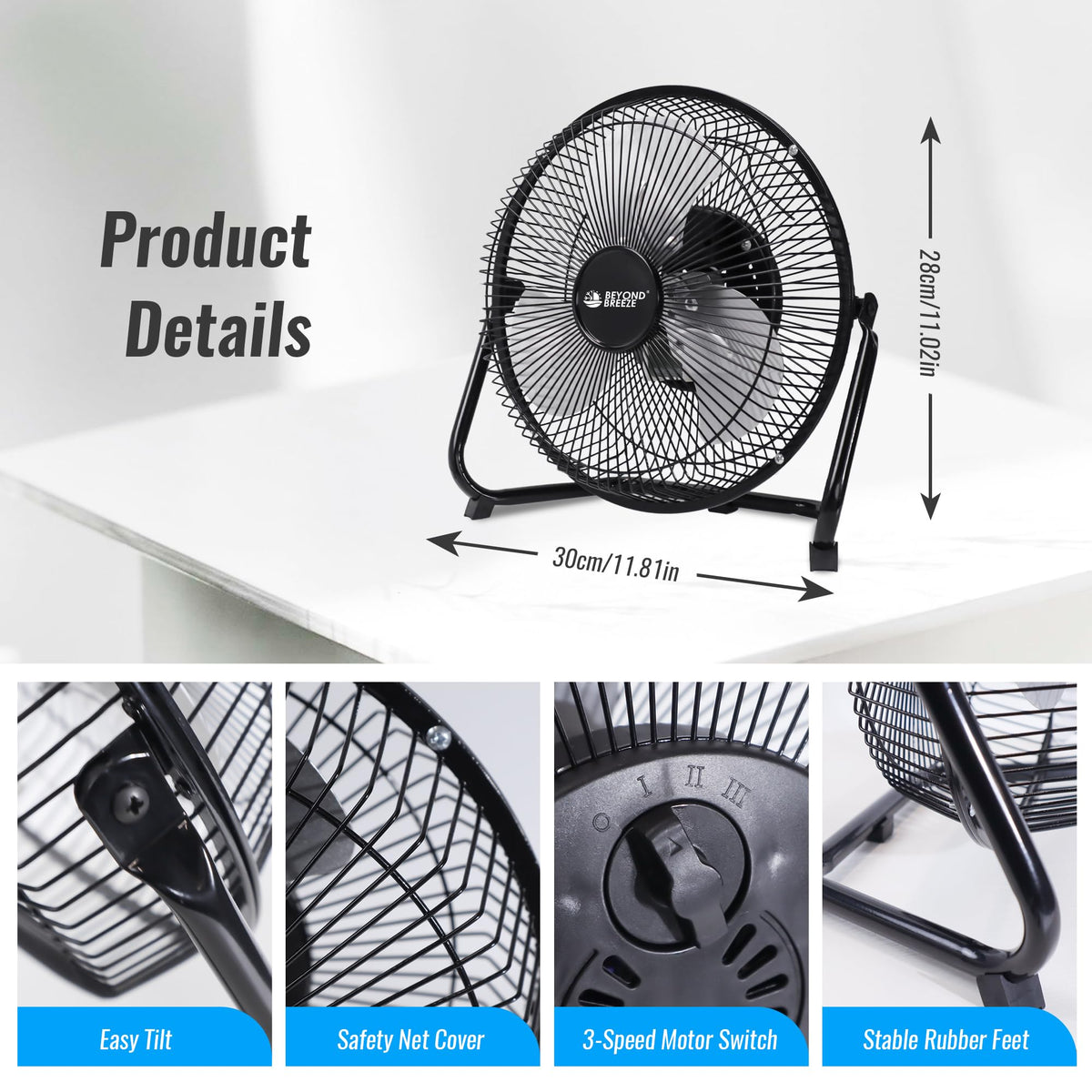 9 Inch Metal Floor Fan with Upgraded Airflow, Black