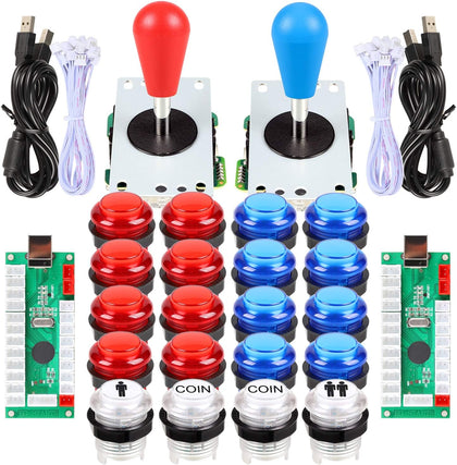 2 Player Arcade Games DIY Kit Parts 2 Ellipse Oval Joystick Handles + 20 LED lit Arcade Buttons (Red & Blue Kit) |