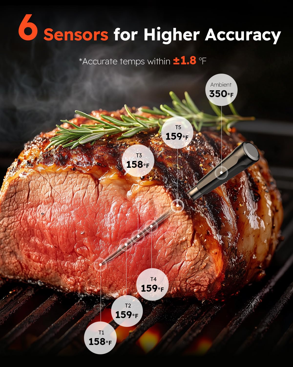Wireless Meat Thermometer Digital, Smart Bluetooth Instant Read, Grey