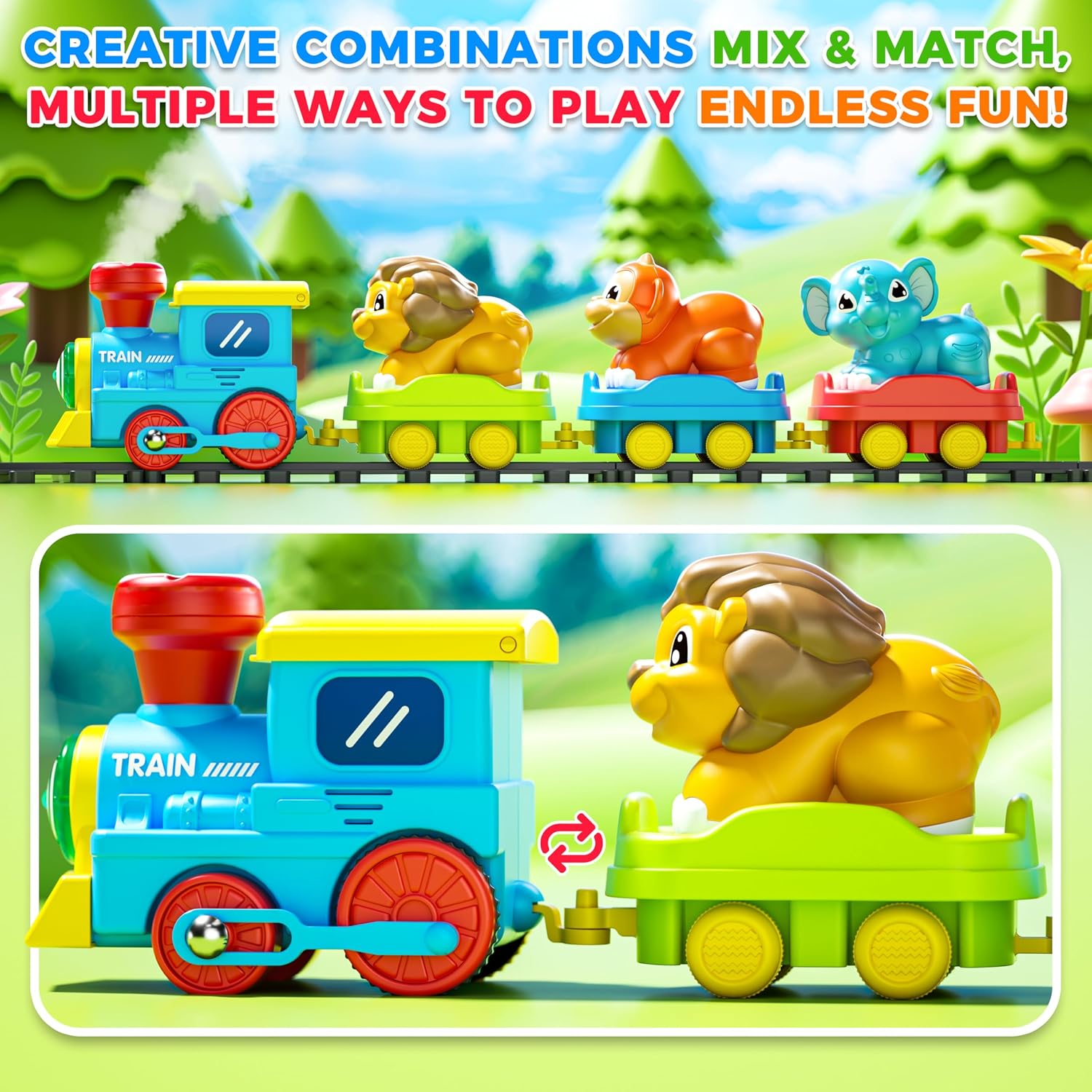 Train Set for Toddlers with Steam, Music, Lights and 3 Animal Cars | Electric train fun meets animal play with music