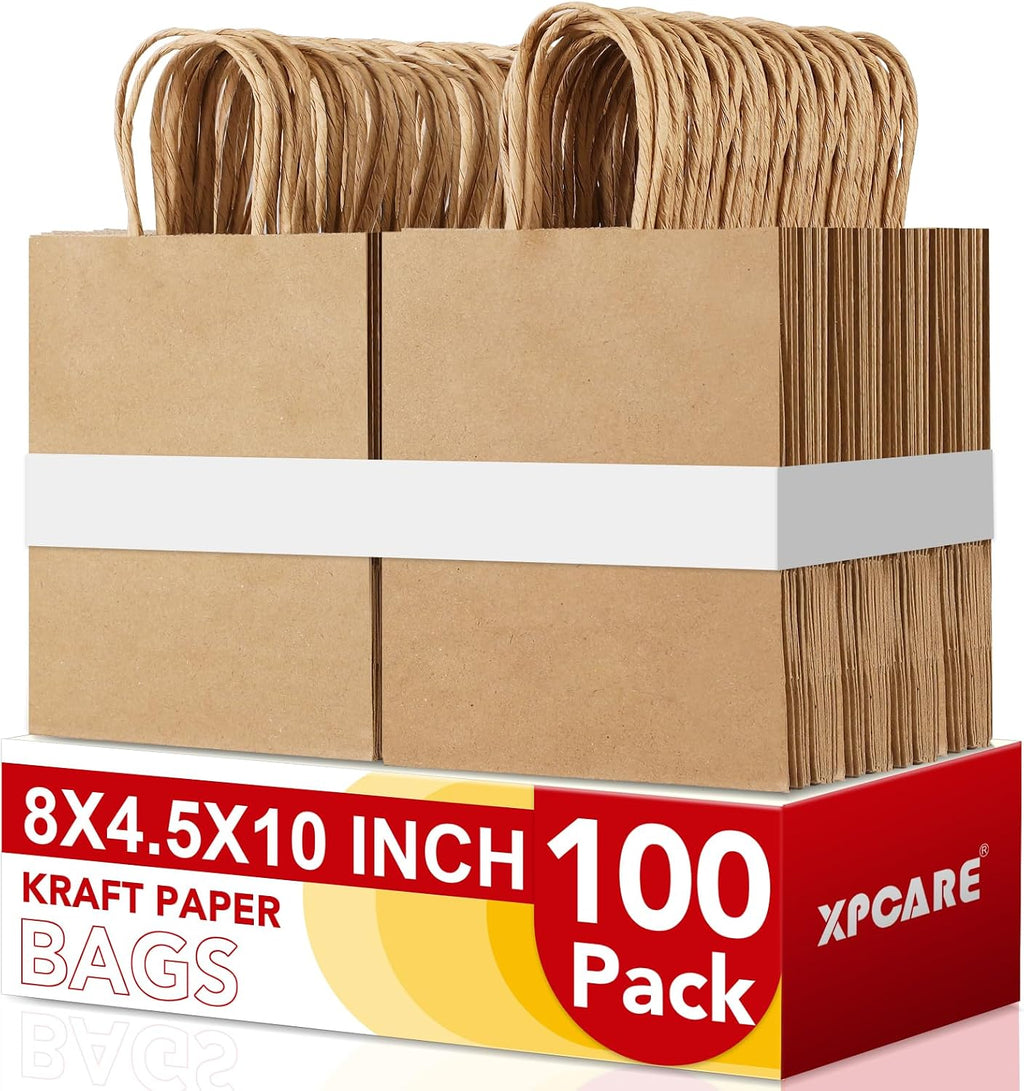 Brown Paper Bags with Handles, 100Pcs 8x4.5x10In Kraft Paper Bag