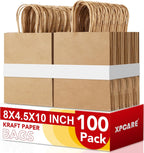 Brown Paper Bags with Handles, 100Pcs 8x4.5x10In Kraft Paper Bag