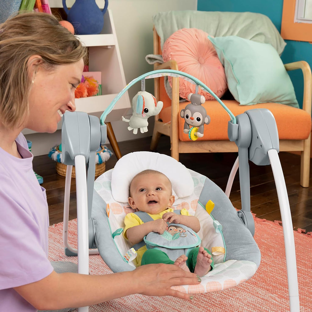 Portable Automatic 6-Speed Baby Swing with Adaptable Speed, Taggies, Music, Removable-Toy-Bar, 0-9 Months 6-20 lbs