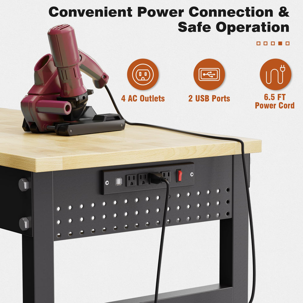 69" Heavy Duty Workbench, Rubber Wood Work Table, Workbench on Wheels, Height Adjustable Workstation Desk, Workshop