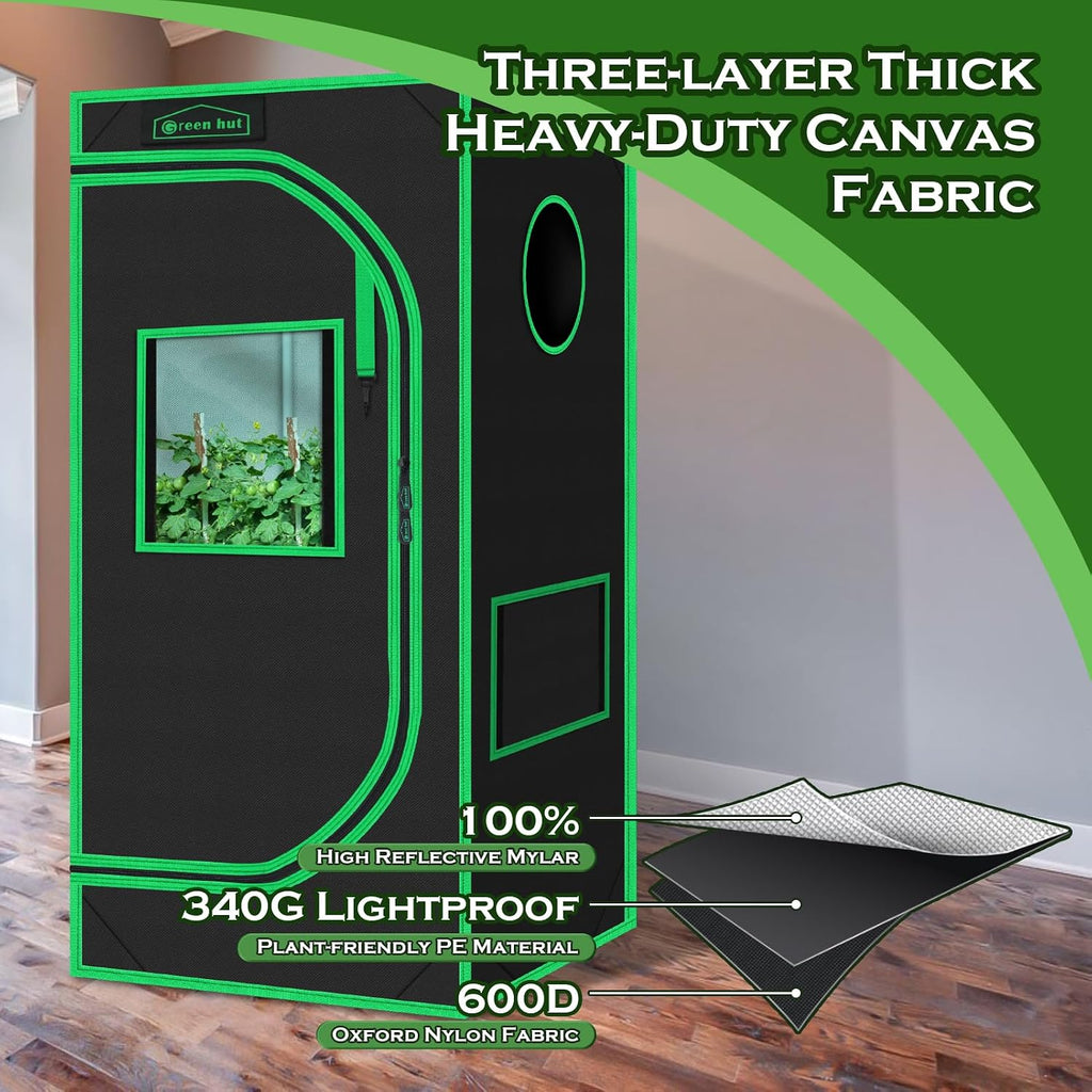 2x2 Green Hut Grow Tent 24"x24"x48" 600D Mylar Hydroponic Grow Tents | Observation Window, Removable Floor Tray, 100%