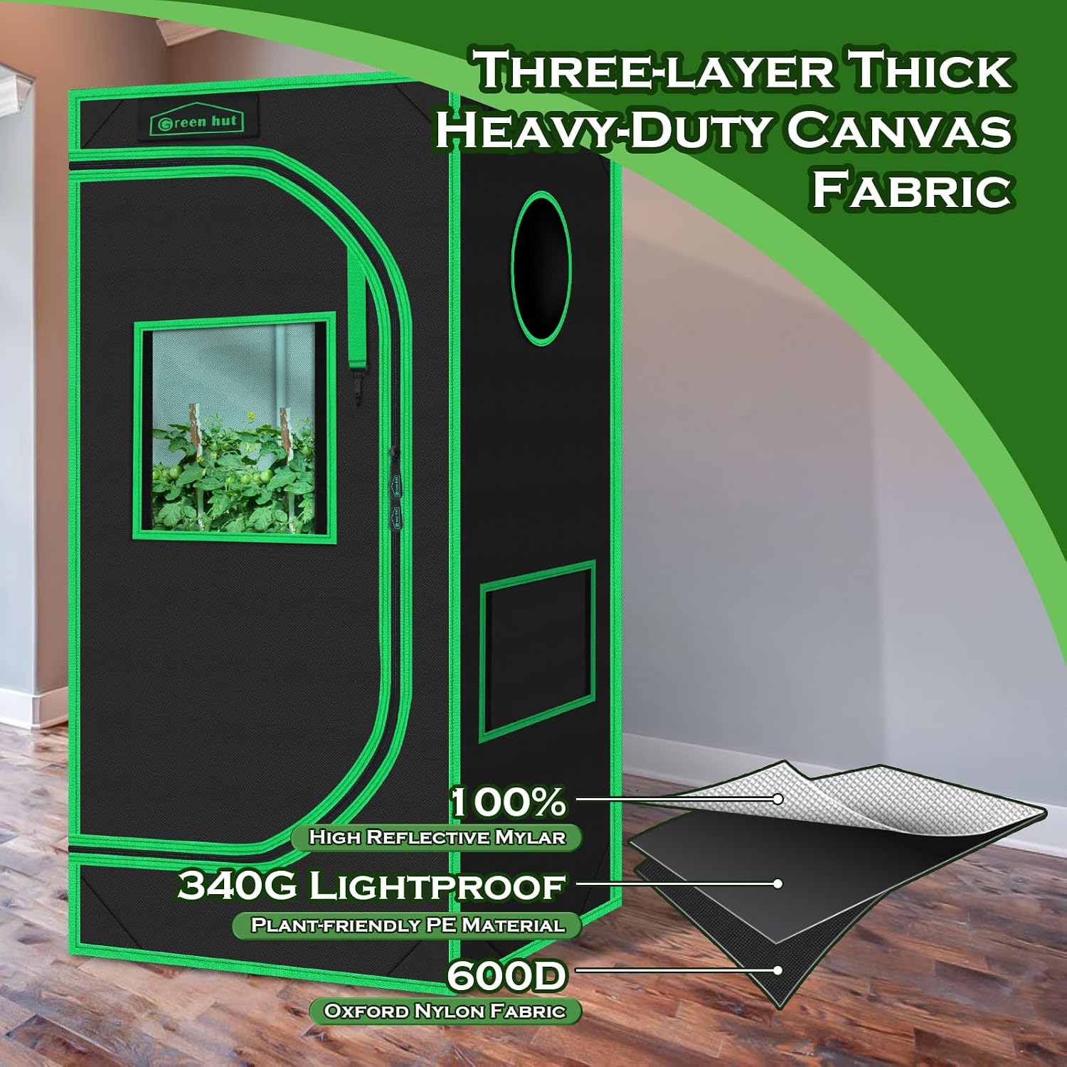 2x2 Green Hut Grow Tent 24"x24"x48" 600D Mylar Hydroponic Grow Tents | Observation Window, Removable Floor Tray, 100%