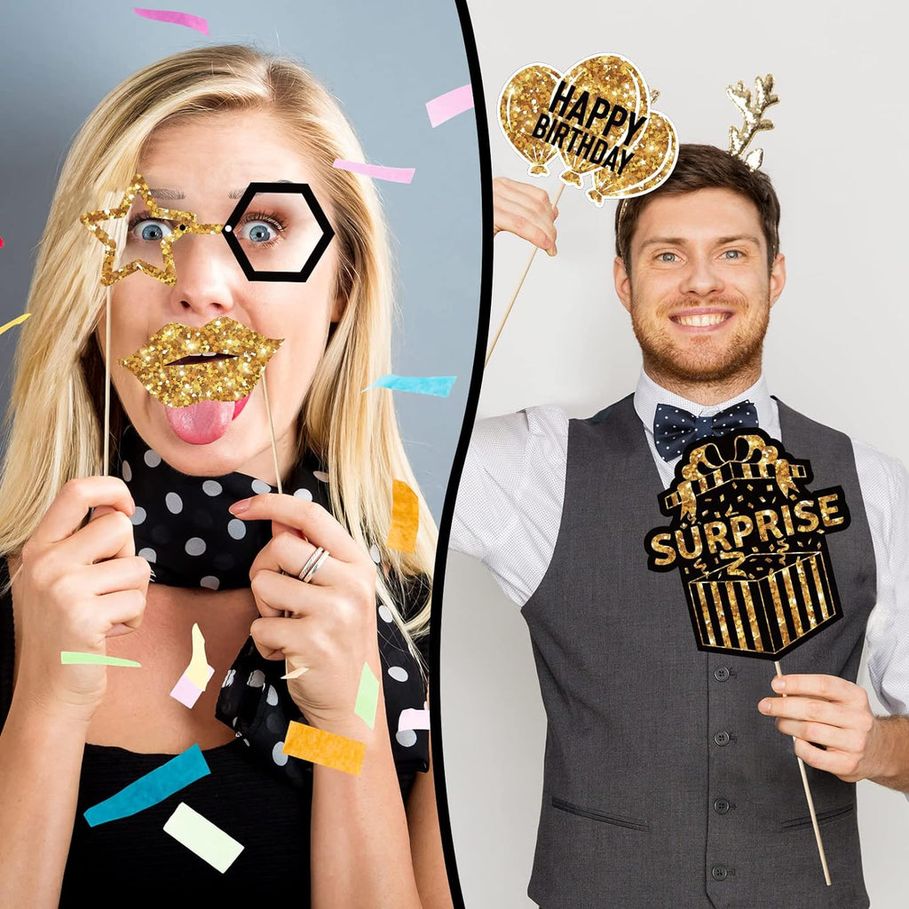 36 Pcs Birthday Photo Booth Props Kit,Gold and Black