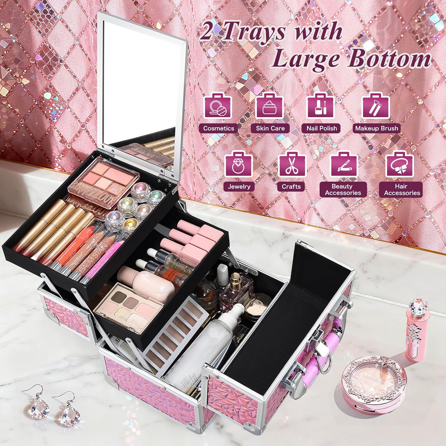 Makeup Case Organizer Cosmetic Box Storage Portable Makeup Train Case with Mirror 2 Trays Travel Vanity Box for