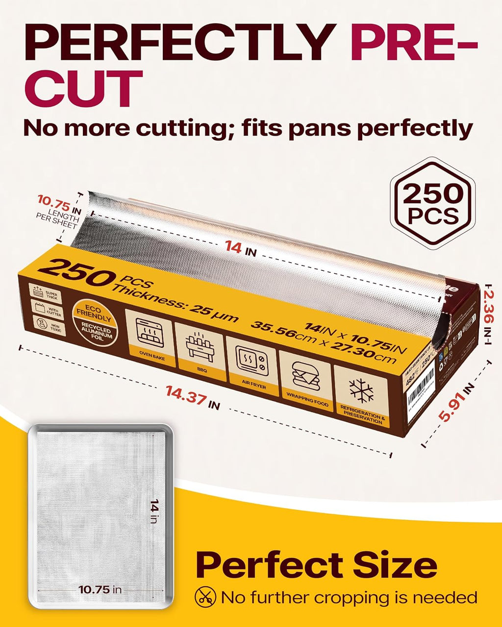 Pop-Up Aluminum Foil Sheets, 250 Count, 14 x 10.75 Inch, 25 Micron