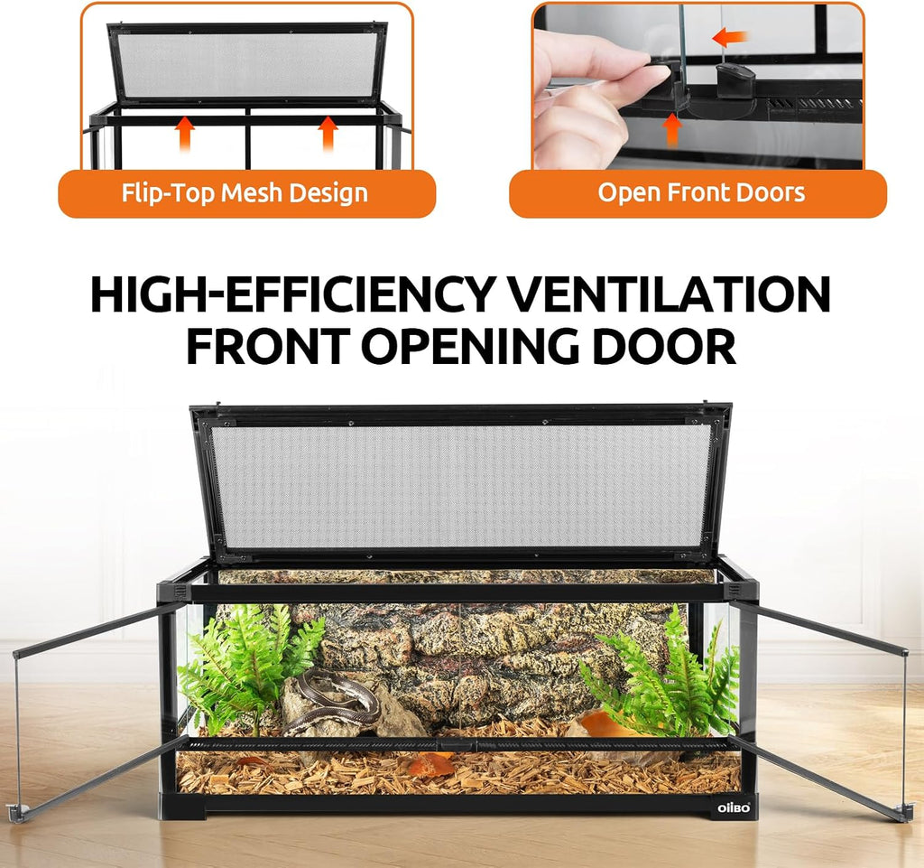20 Gallon Tempered Glass Reptile Tank, 33" x 15" x 9" Reptile Terrarium with Sliding Door Top Screen Ventilation