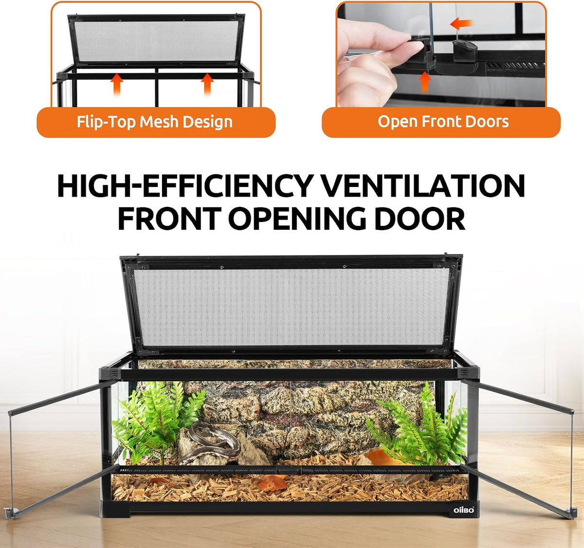 20 Gallon Tempered Glass Reptile Tank, 33" x 15" x 9" Reptile Terrarium with Sliding Door Top Screen Ventilation