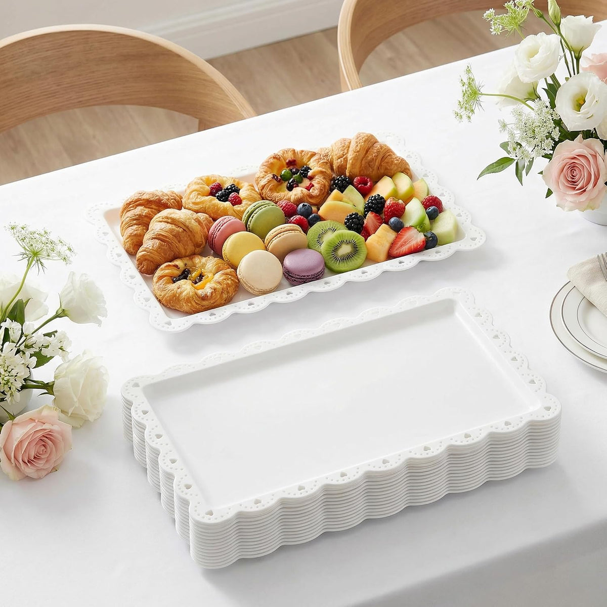 12 Pack White Plastic Serving Tray with Lace Rim, Rectangle Food Trays, Disposable Serving Platters and Trays for