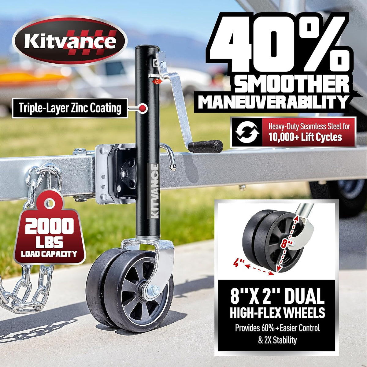 Upgraded 2000 lbs Boat Trailer Jack with 8" Dual Wheels- Heavy Duty Boat Trailer Tongue Jack with Improved Ergonomic