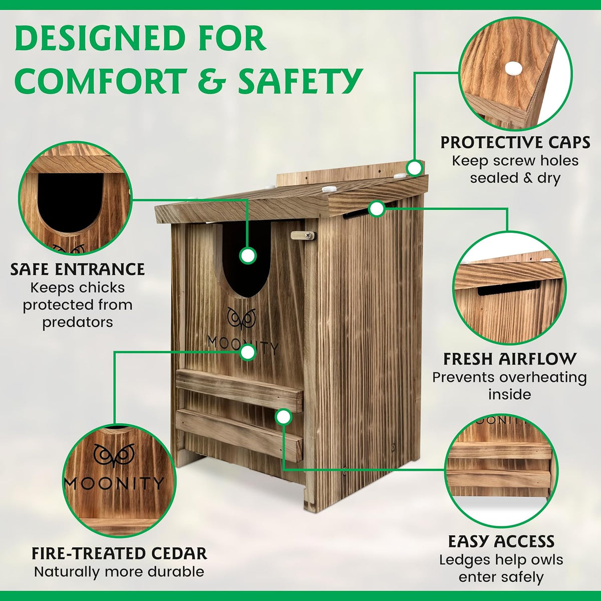 Fire-Treated Cedar Owl House – 14" x 9" x 9" All-Season Nesting Box for Screech, Kestrel & More – Durable