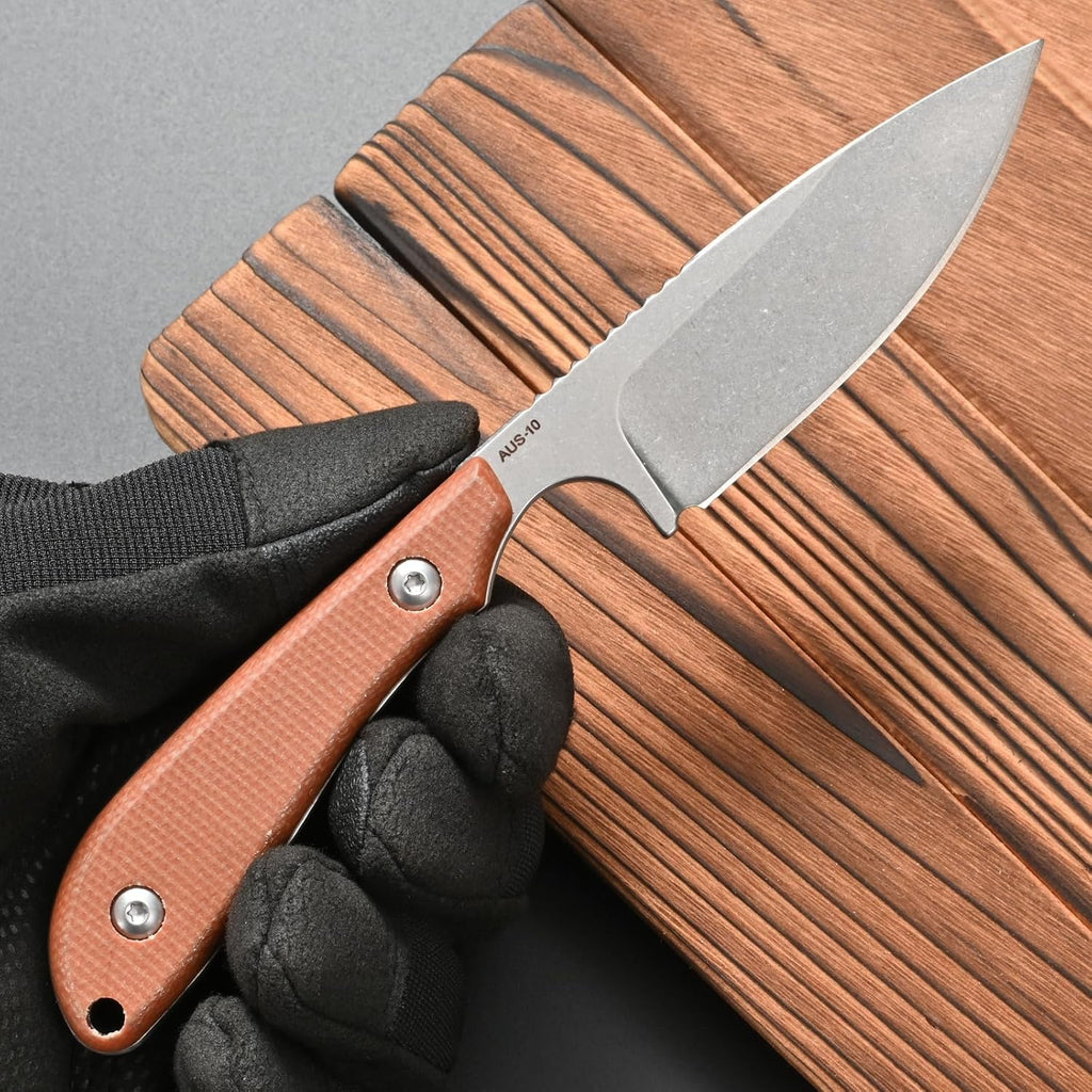 FF101 Micarta Handle Fixed Blade Knife, AUS-10 Steel Blade Full Tang Knife with Sheath for Outdoor Camping Hunting