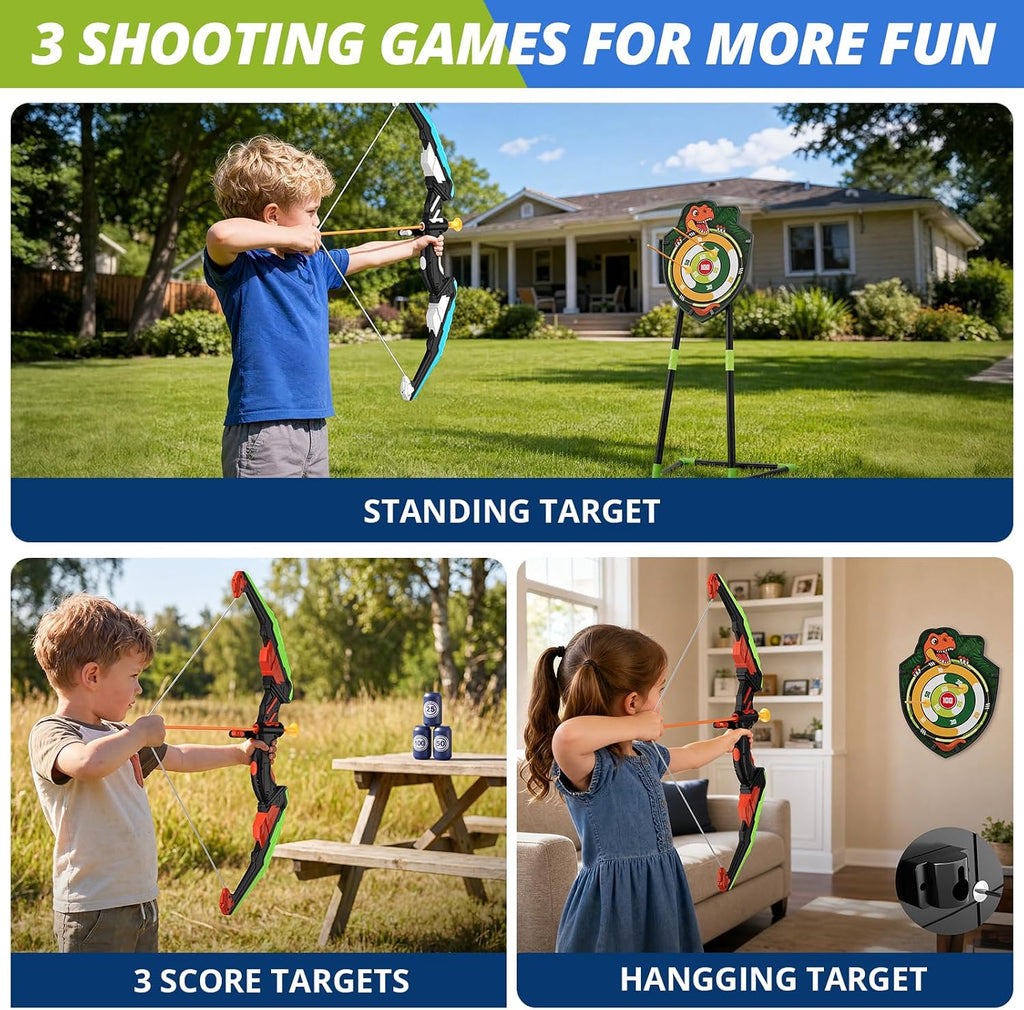 2 Pack Kids Bow and Arrow, LED Archery Set with Dinosaur Target | with 24 Suction Cup Arrows, 1 Standing Target, 6