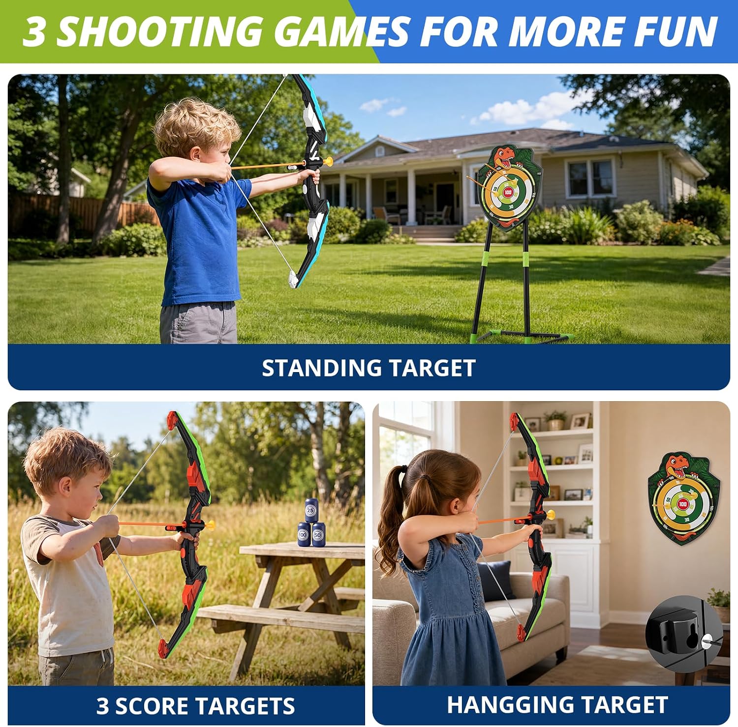 2 Pack Kids Bow and Arrow, LED Archery Set with Dinosaur Target | with 24 Suction Cup Arrows, 1 Standing Target, 6