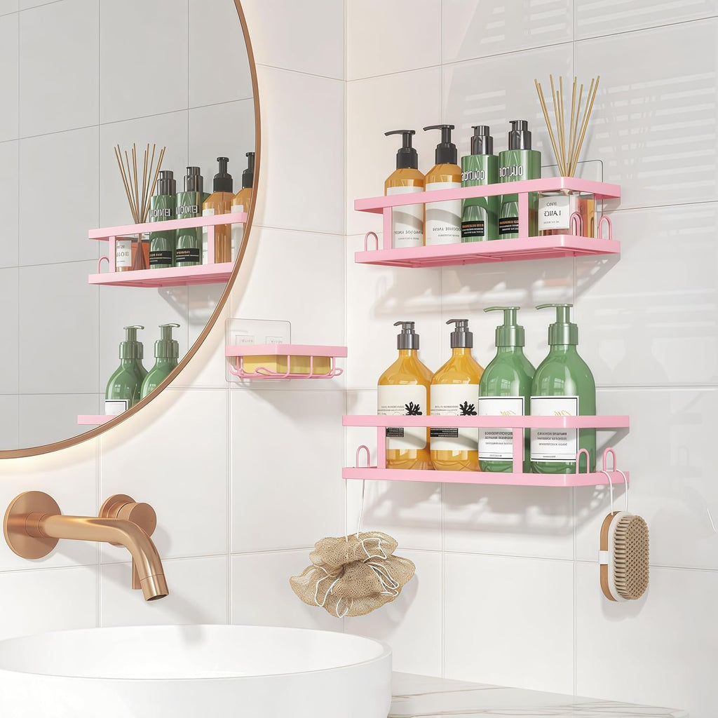 Adhesive Shower Caddy,Shower Shelves with Soap Holder and 12 Hooks,No Drilling Bathroom Organizer and Storage,Pink,3