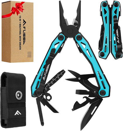16-In-1 Multi-Tool Pliers, EDC Multitool, Aqua Blue | Gift for Men, Stainless Steel, Pocket Knife, Belt Clip, Oxford