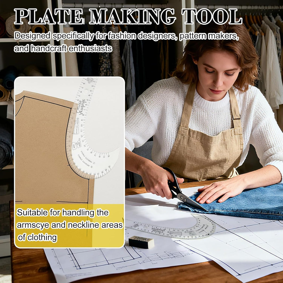 10-Inch Clear Acrylic French Curve Ruler, Armhole and Neckhole Curve Template with Dual Scale Markings, Sewing and