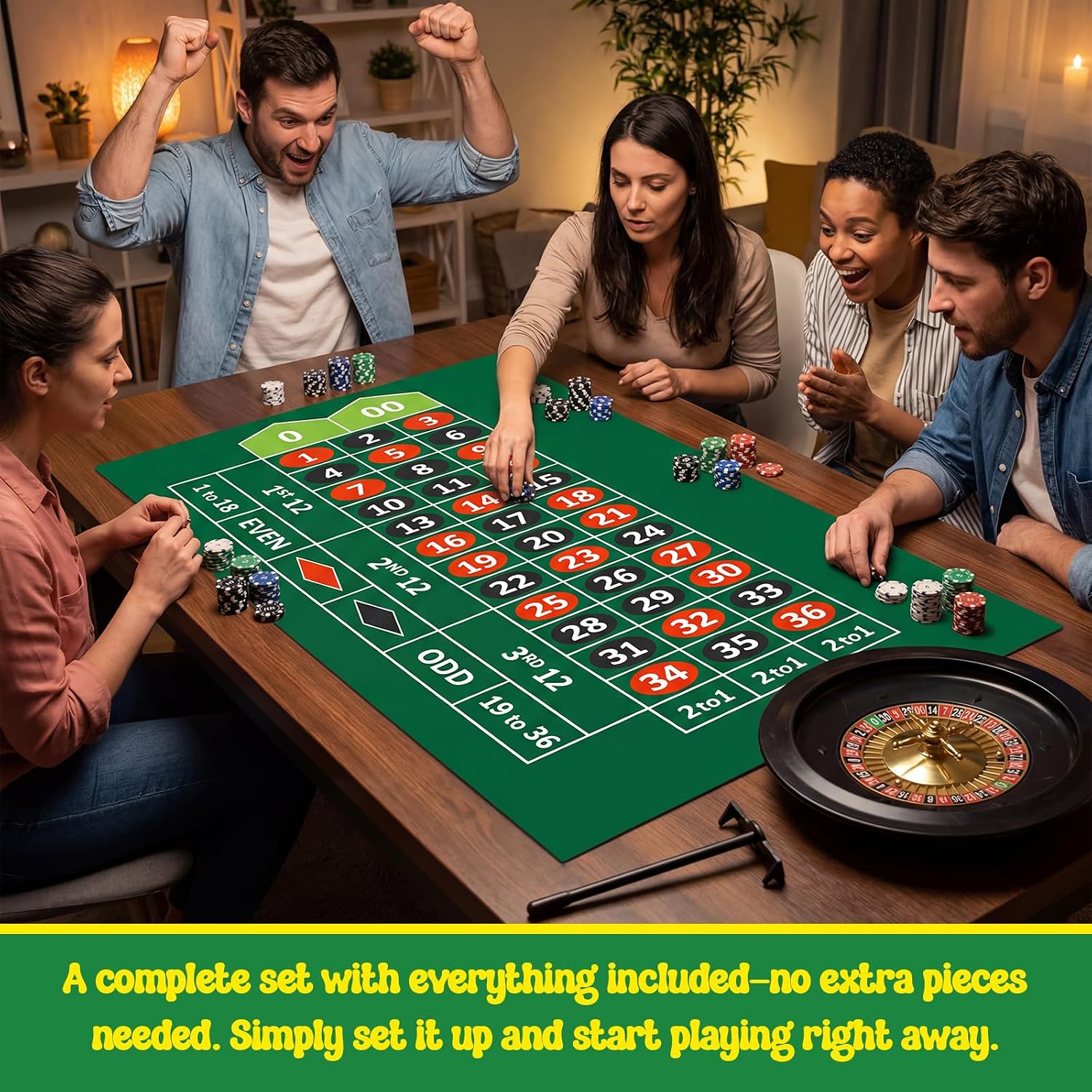 Casino Night 4-in-1 Complete Game Set with 2 Double-Sided Felt Layout Mats (36"x72"), 10" Roulette Wheel, 200 Chips