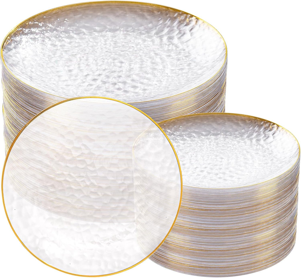 100Pcs Clear Gold Plastic Plates, Disposable Plates With Gold Rim, Heavy-duty Party Platos, Hammered Plastic Plates