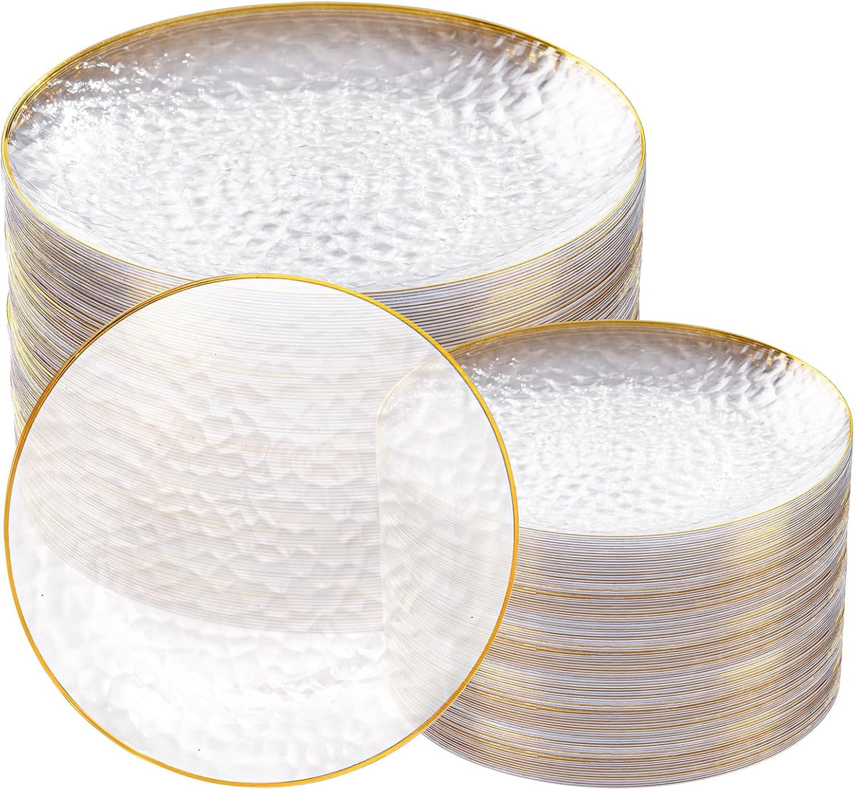 100Pcs Clear Gold Plastic Plates, Disposable Plates With Gold Rim, Heavy-duty Party Platos, Hammered Plastic Plates