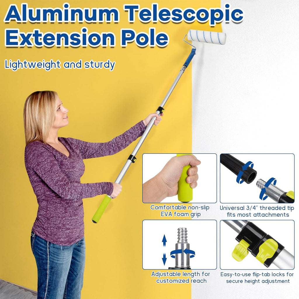 Paint Roller Kit with Extension Pole, 4" 9" Paint Roller with Tray, Paint Brushes Set for Professional Painting