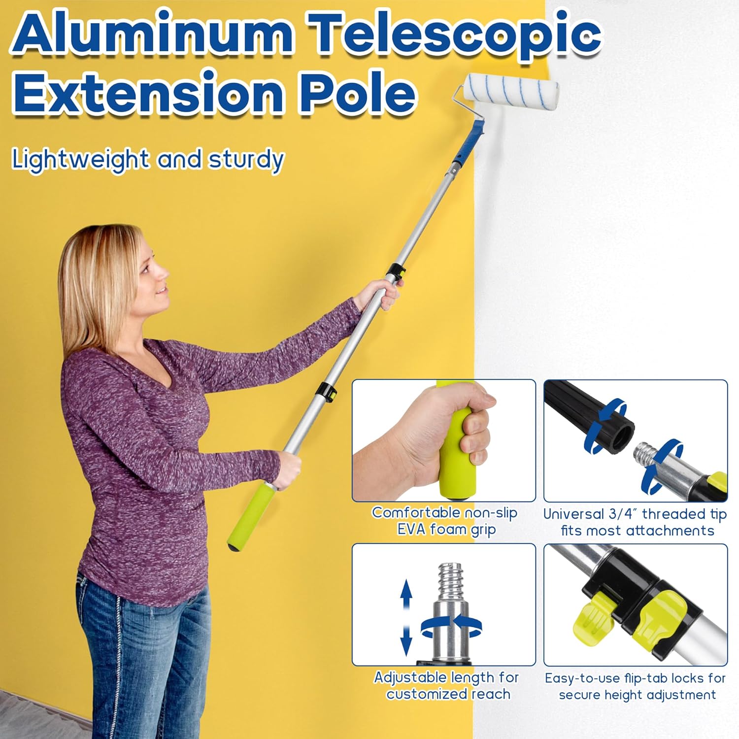 Paint Roller Kit with Extension Pole, 4" 9" Paint Roller with Tray, Paint Brushes Set for Professional Painting