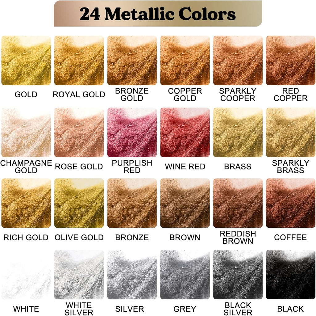 Metallic Alcohol Ink Set-24 Colors Metal Pigment Each 0.35oz | Resin Dye, High Concentrated & Shimmer Mixatives