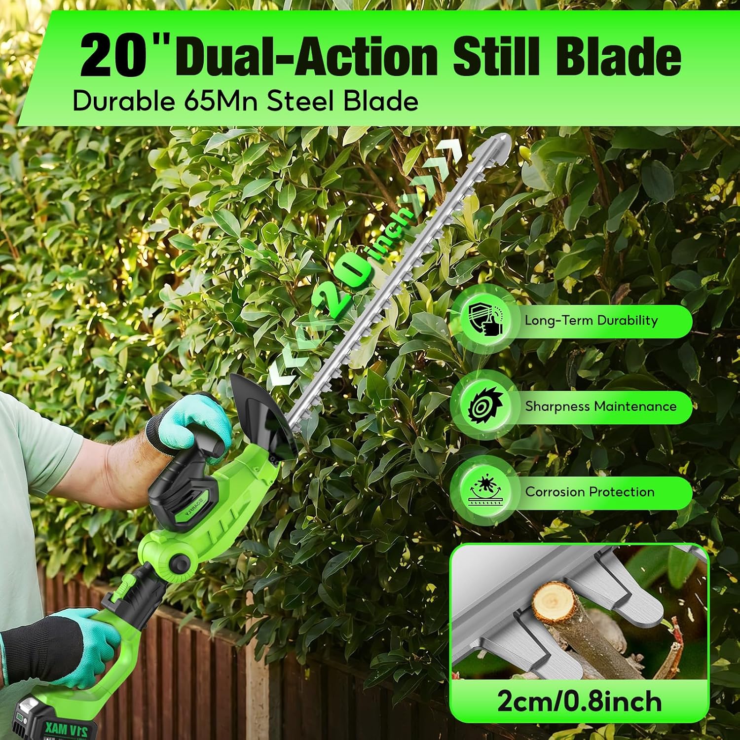 2 in 1 Pole Hedge Trimmer Cordless & Handheld Hedge Trimmer with 2 Pcs 4.0Ah Battery & Charger, 20V Electric Hedge