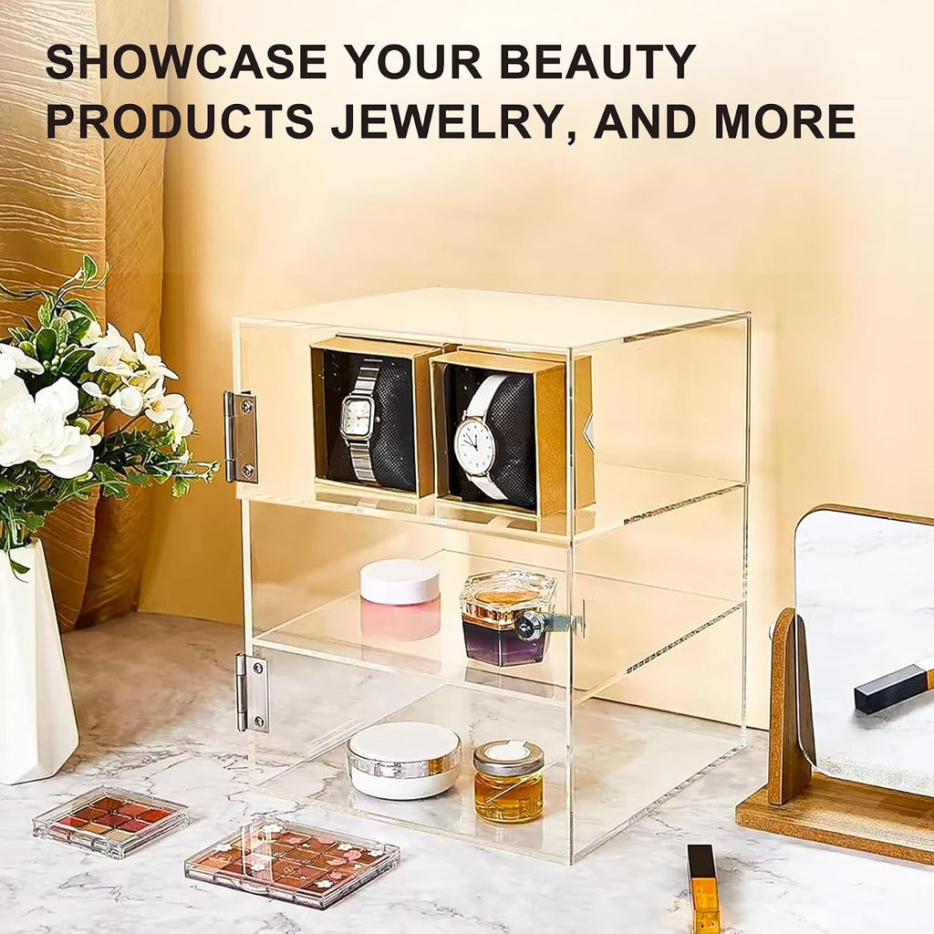 3 Shelf Acrylic Lockable Display Case for Jewelry & Valuables | 3 Tier, Clear Acrylic, Display Case, with Lock
