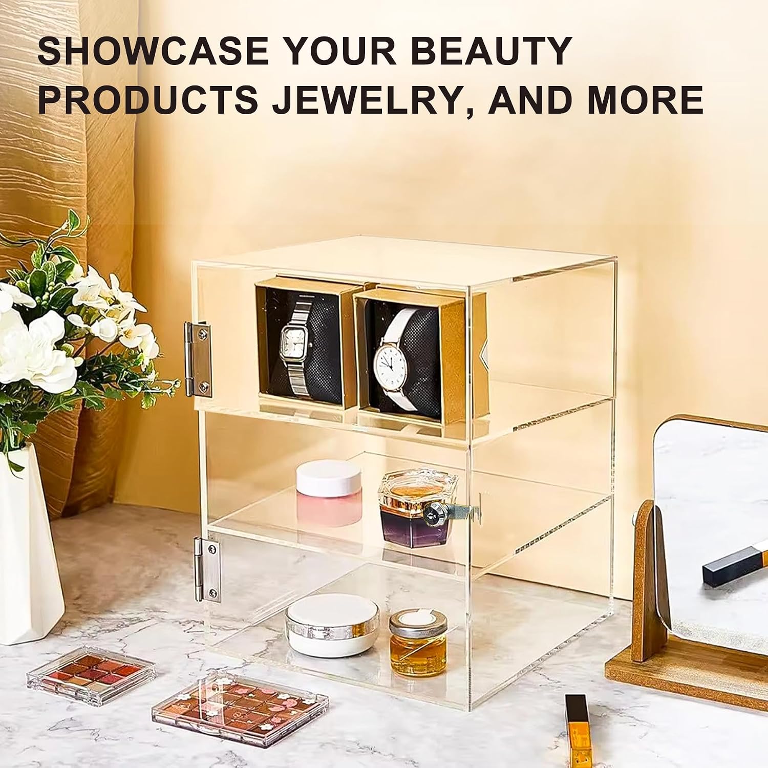 3 Shelf Acrylic Lockable Display Case for Jewelry & Valuables | 3 Tier, Clear Acrylic, Display Case, with Lock