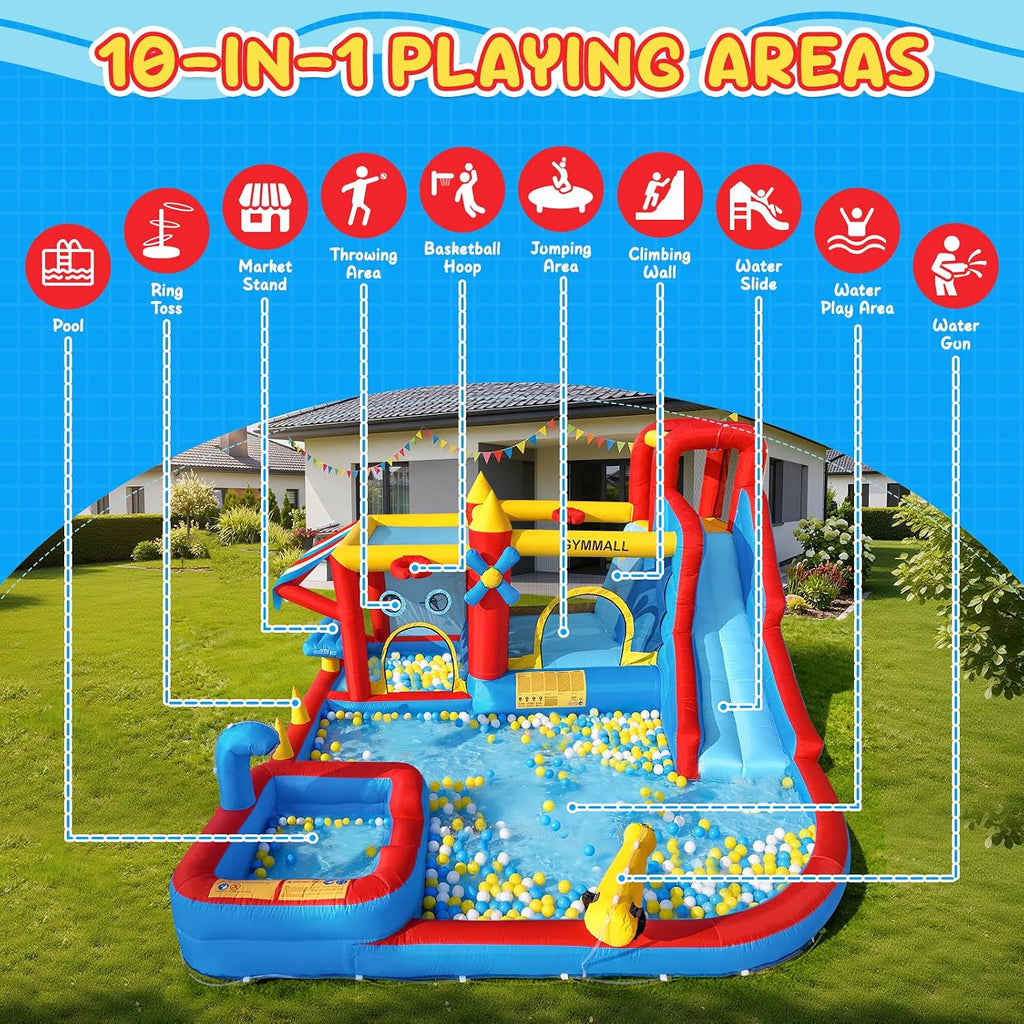 Inflatable Bounce House Water Slide with 550 W Blower, Blow up 10-in-1 Waterslide Park Bouncy Castle Outdoor and