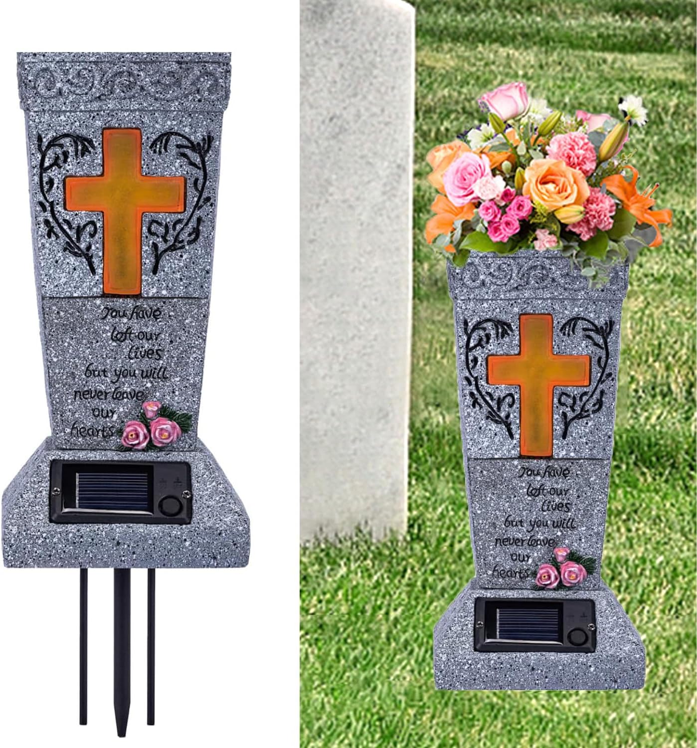 Solar Cemetery Vase with LED for Fresh/Artificial Flowers, Cemetery Flowers Vase with Spikes, Headstone Decorations