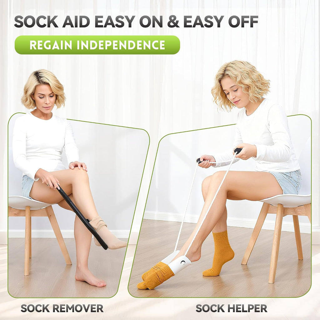 Sock Aids for Putting On Socks Kit - (Sock Helper + 35 Inch Dressing Stick with Sock Remover & Shoe Horn) - Flexible