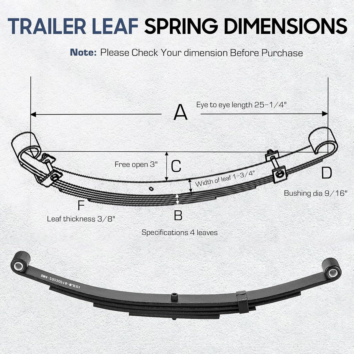 Trailer Leaf Spring, 4 Leaf 2500lb Double Eye Leaf Springs for 5000lb Trailer Axle, 25-1/4"L, 1.75" Width, 3” Free