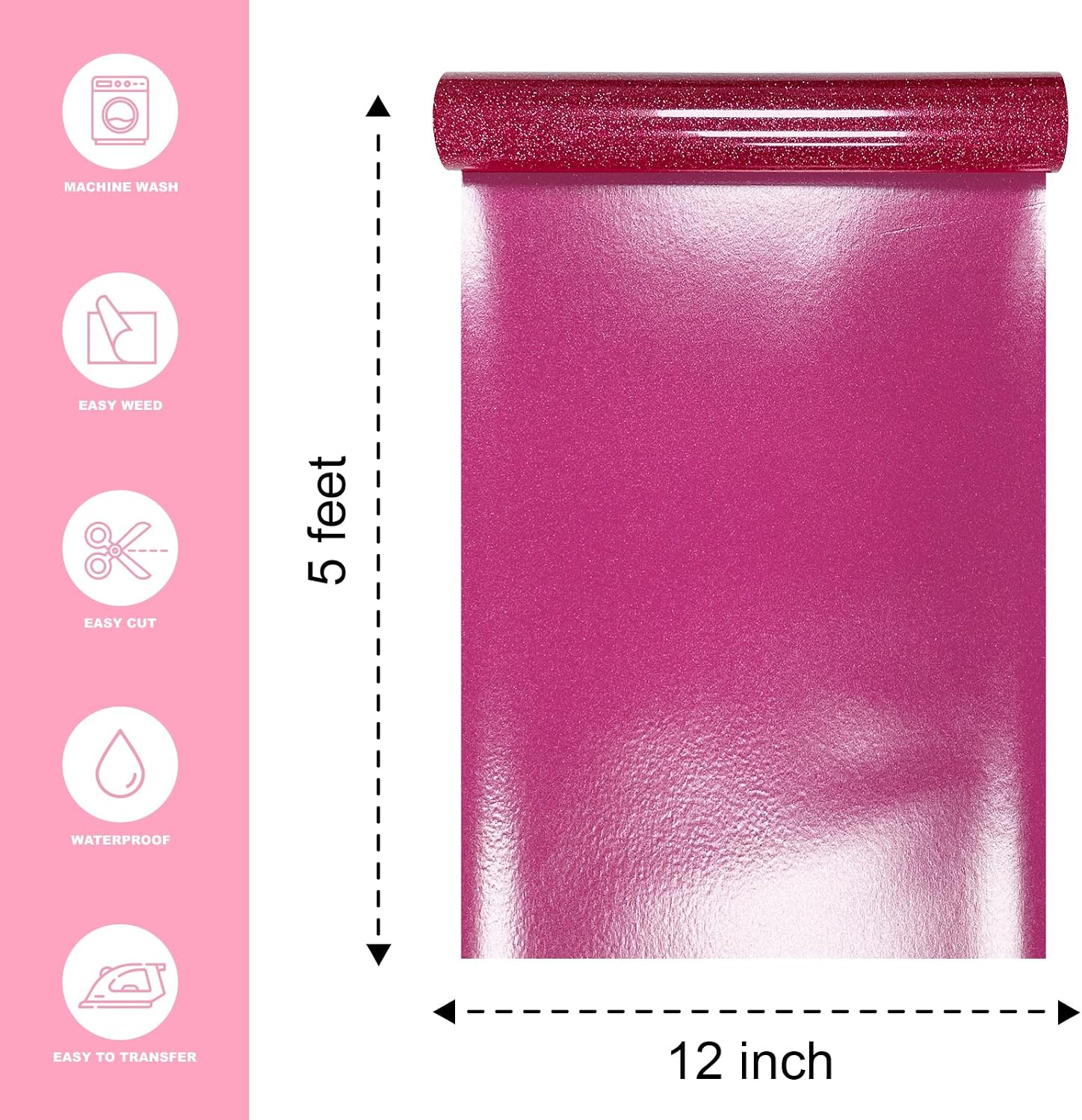 Hot Pink Glitter Heat Transfer Vinyl 12" x 5 ft HTV for Shirts, Glitter HTV Iron on for All Cutter Machine - Easy to