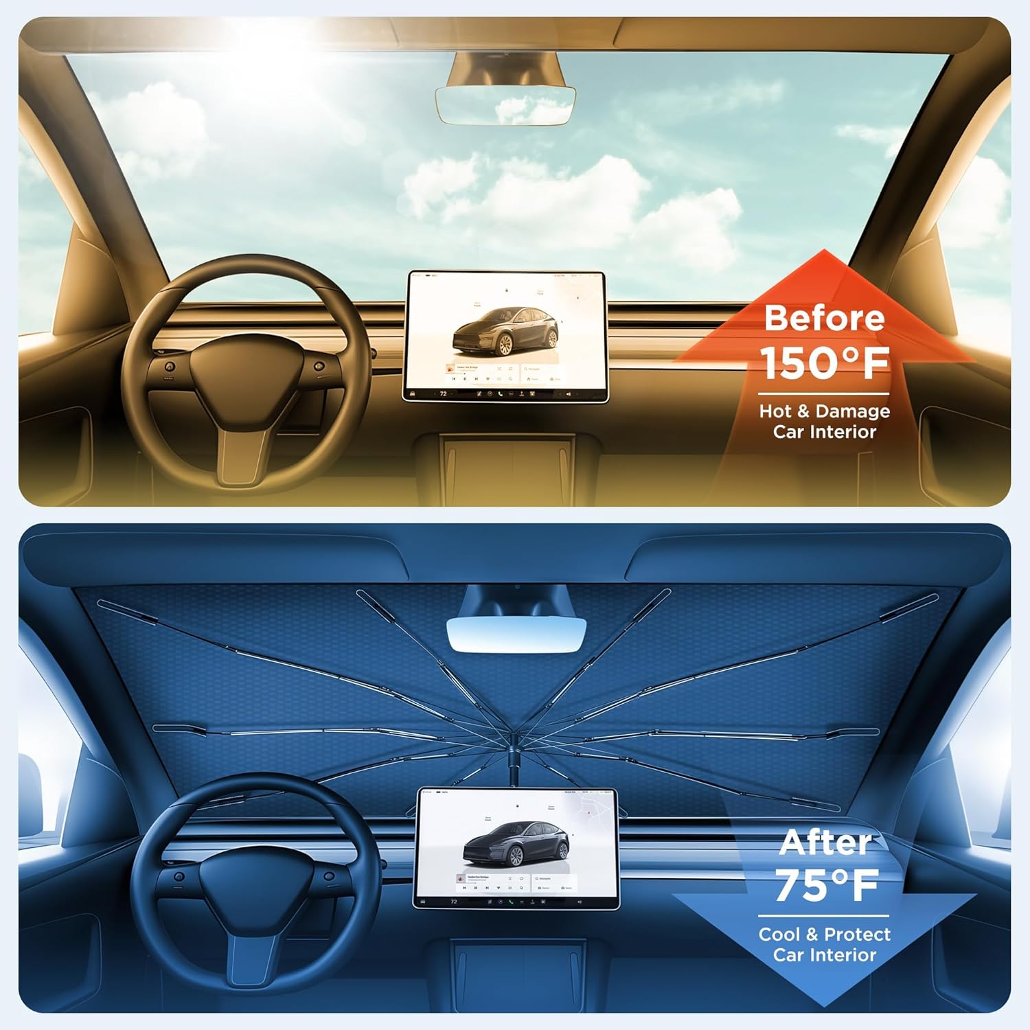 2026 Upgraded Windshield Sun Shade Umbrella [7-Layer Vinyl Coating Heat Shield] Foldable Front Window Sunshade