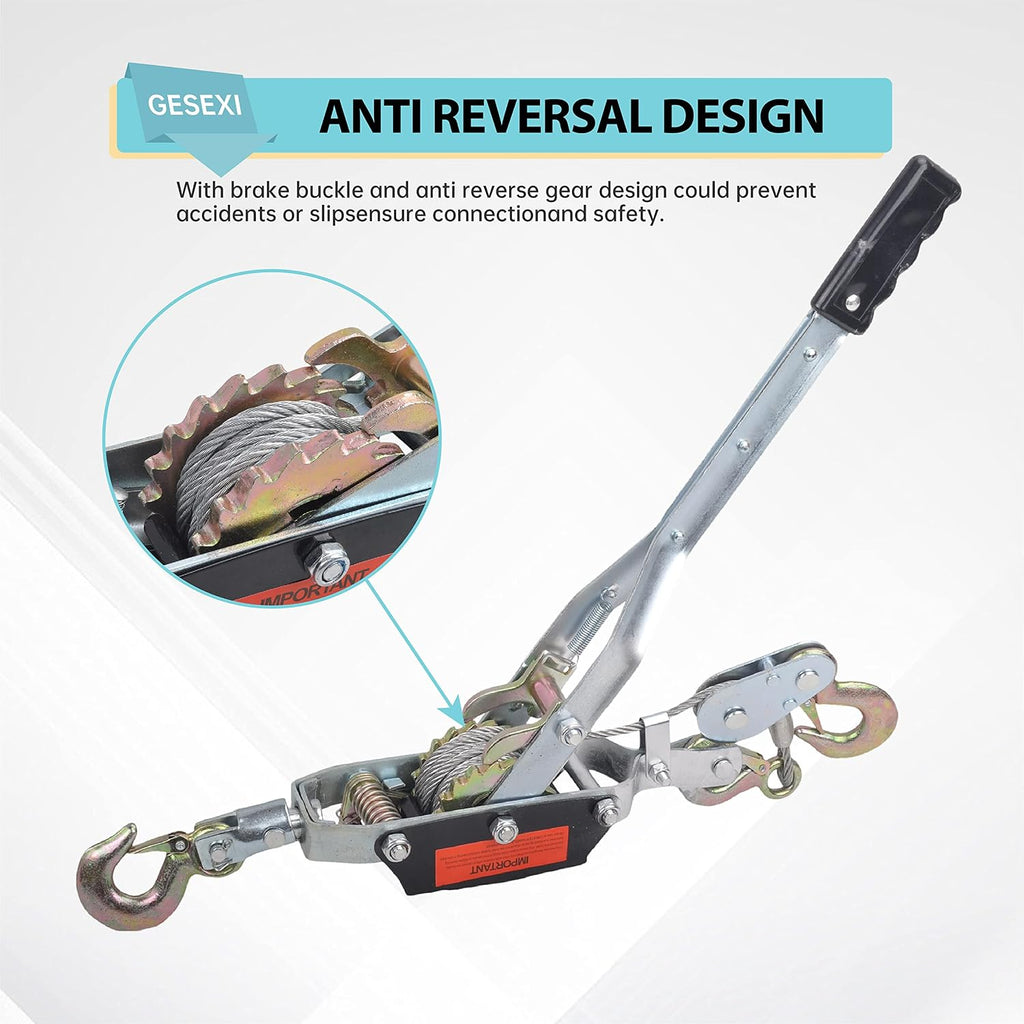 5 Ton Dual Gear Power Puller, Come Along Pulling Tool with 3 Hooks | Automotive Hoist Hand Winch Cable Puller