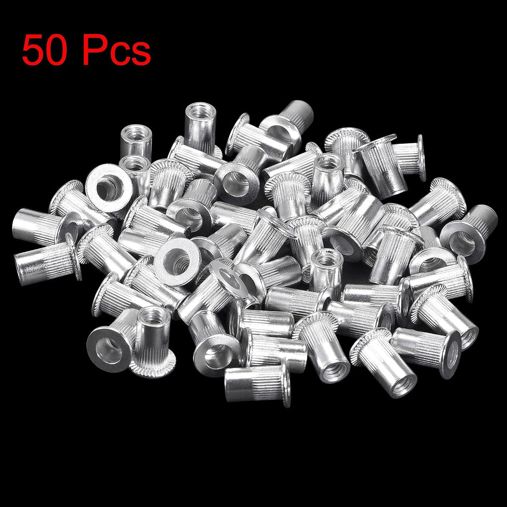 uxcell #8-32 Rivet Nuts Aluminium Alloy Knurled Flat Head Threaded Insert Nut Silver 50pcs
