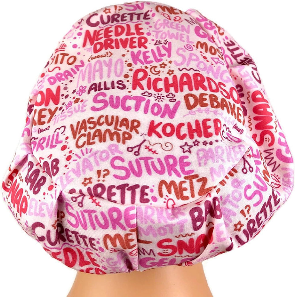 Euro Scrub Hat, Surgical Cap, Instrument Words Pink Red