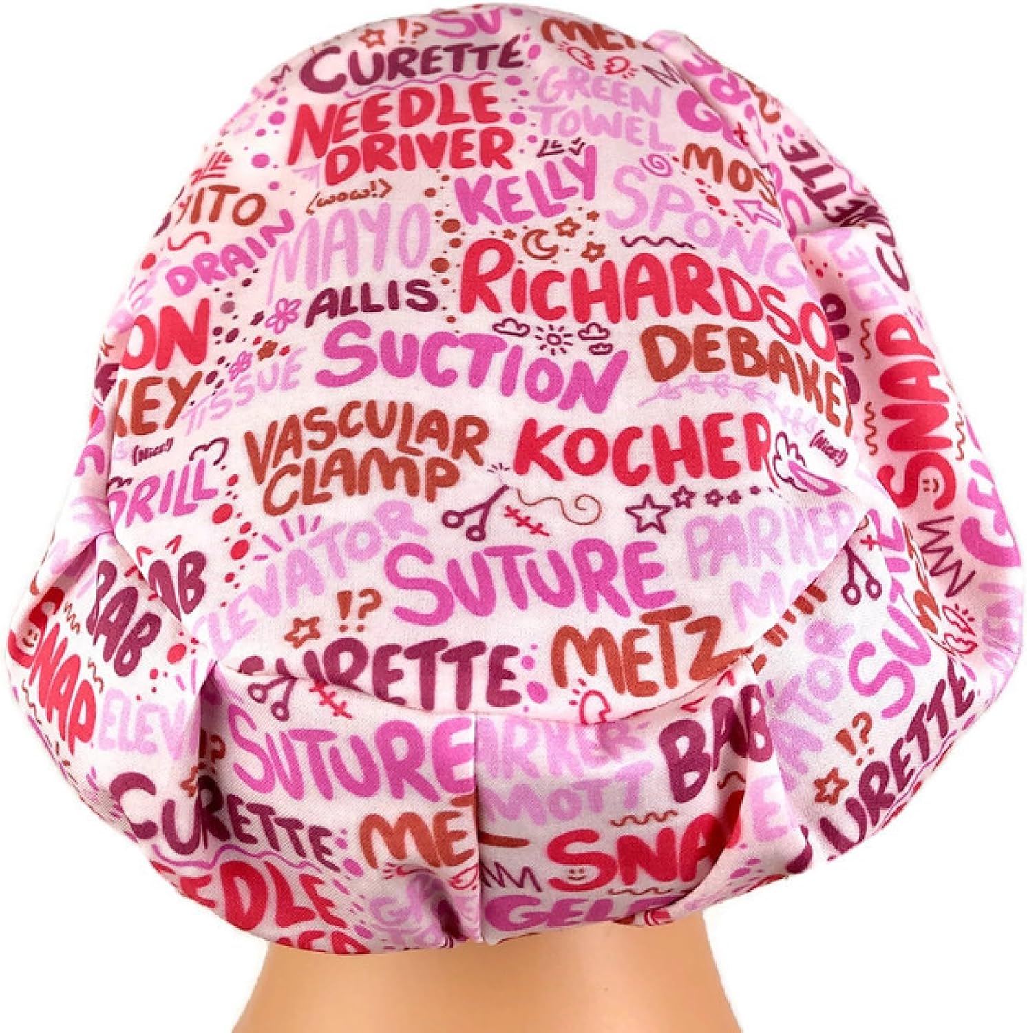 Euro Scrub Hat, Surgical Cap, Instrument Words Pink Red