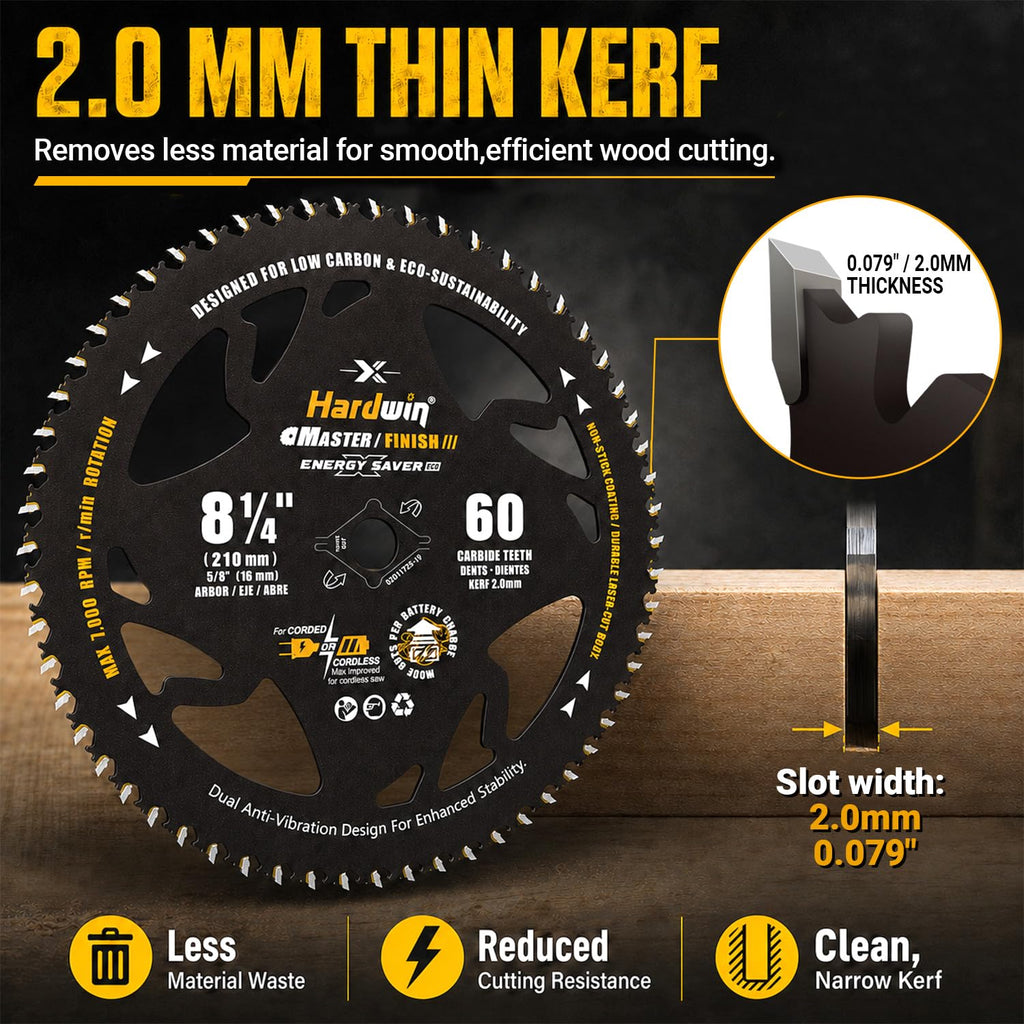 8-1/4 Table Saw Blade 60T Wood Cutting, 5/8 Arbor, Diamond Knockout | 60T carbide teeth and 2.0mm thin kerf deliver