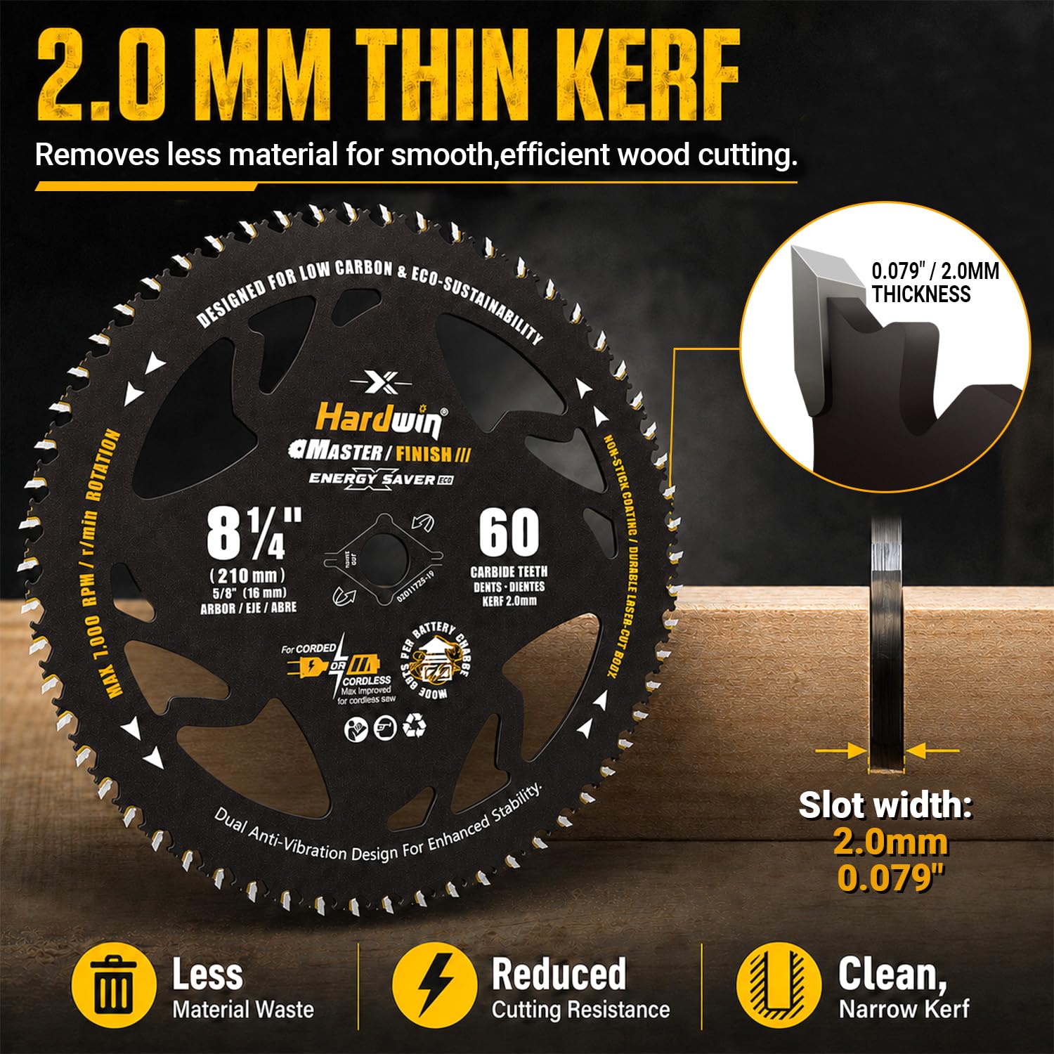 8-1/4 Table Saw Blade 60T Wood Cutting, 5/8 Arbor, Diamond Knockout | 60T carbide teeth and 2.0mm thin kerf deliver